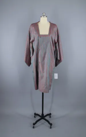 1960s Vintage Silk Kimono Jacket Coat Michiyuki / Grey Blue & Red Stripes