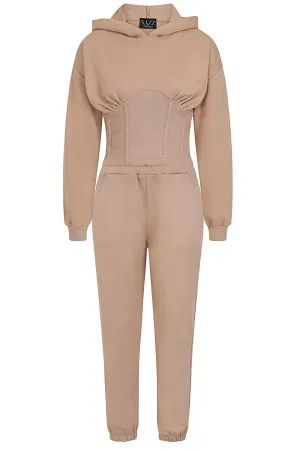 Aliza Sand Corset Waisted Hoodie Tracksuit Set