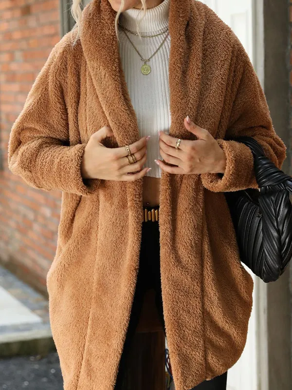 Autumn Solid Color Double Sided Velvet Loose Buttonless Long Cardigan
