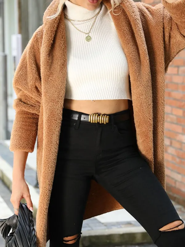 Autumn Solid Color Double Sided Velvet Loose Buttonless Long Cardigan