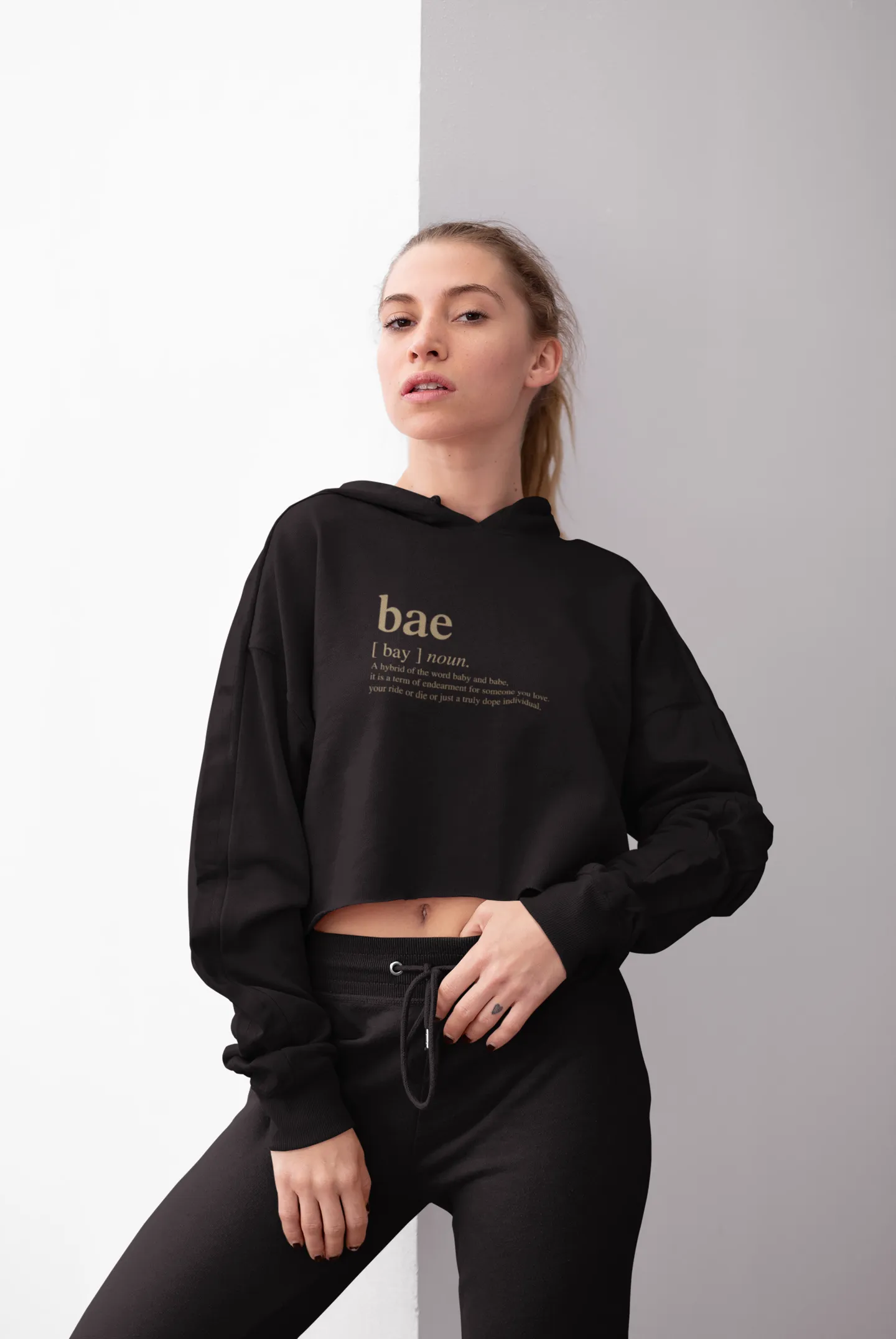 Bae slogan women's cropped fleece hoodie in black (FINAL SALE)