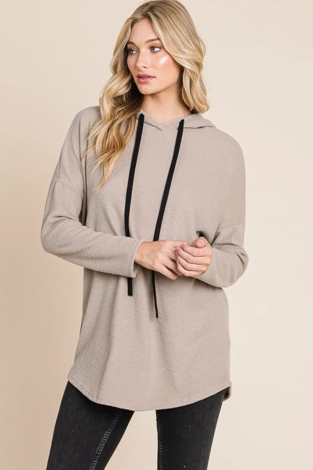 Contrast Drawstring Drop Shoulder Knit Hoodie - Taupe