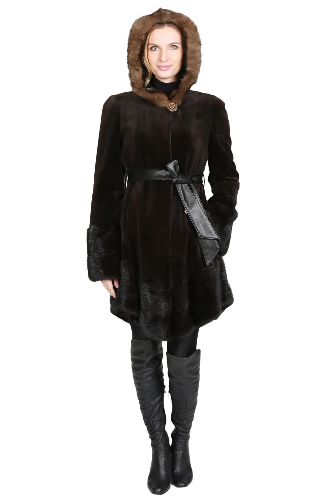 Darkhan- 33" Sheared Mink Coat with Waist Belt and Unsheared Mink Trim