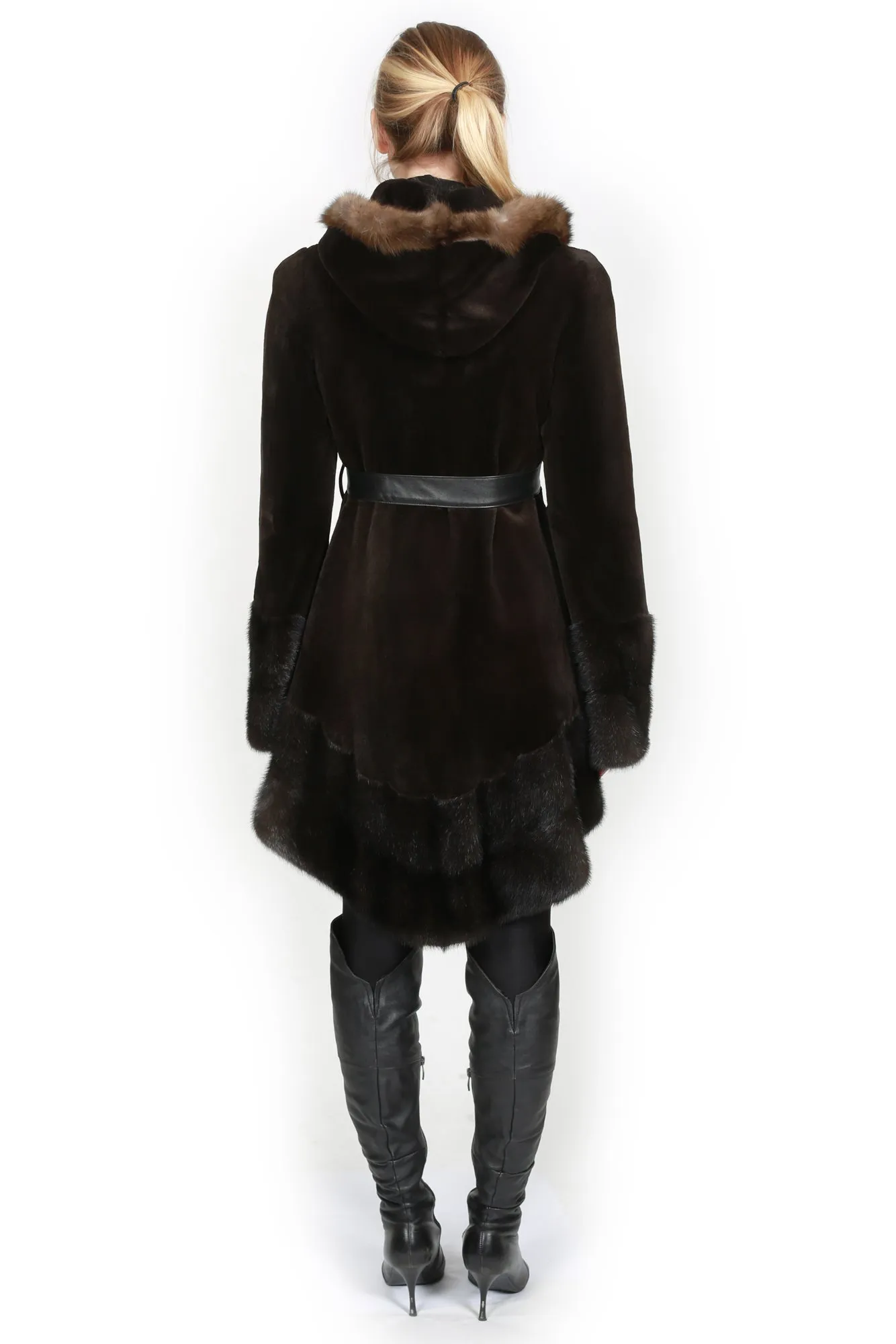 Darkhan- 33" Sheared Mink Coat with Waist Belt and Unsheared Mink Trim