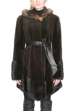 Darkhan- 33" Sheared Mink Coat with Waist Belt and Unsheared Mink Trim