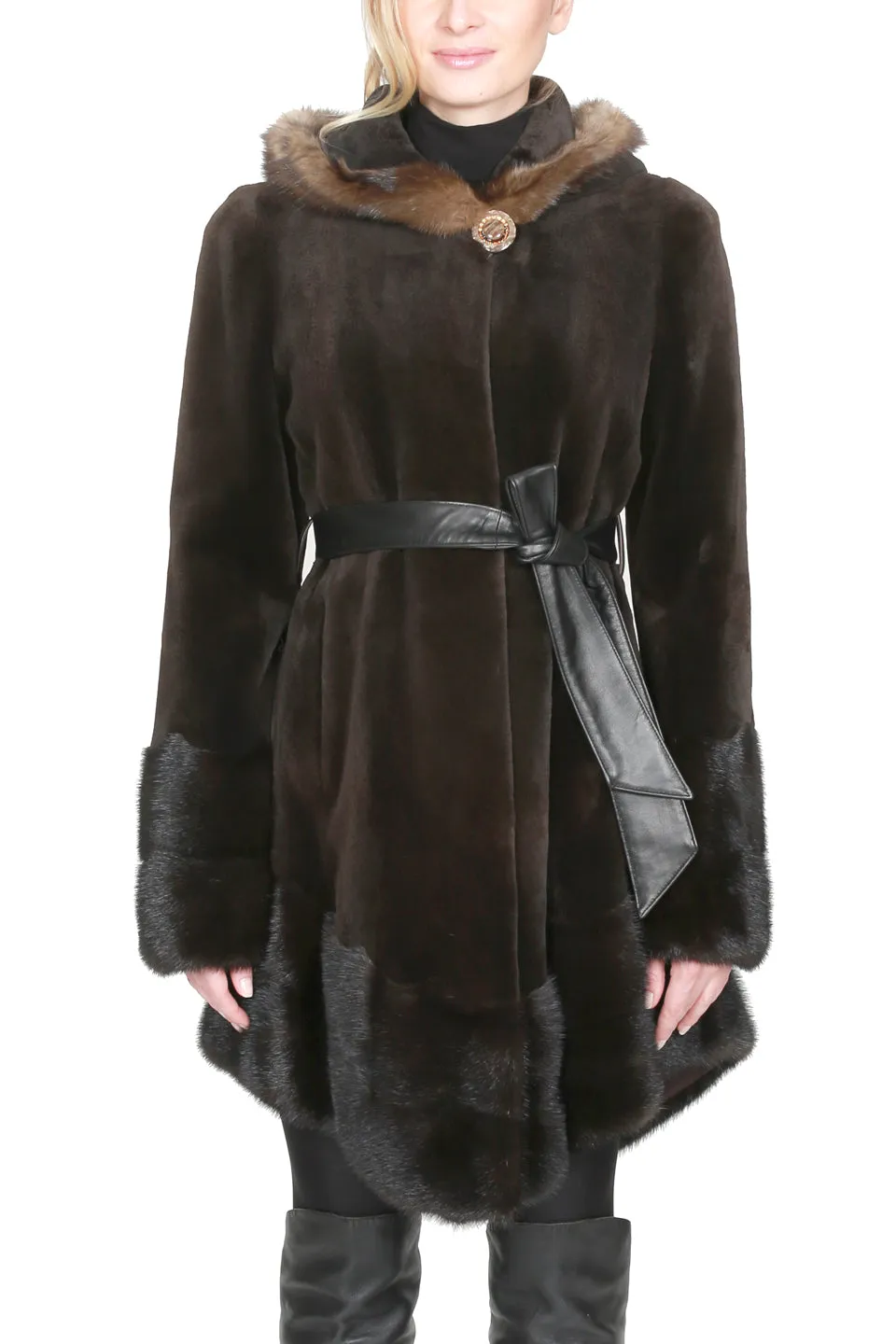 Darkhan- 33" Sheared Mink Coat with Waist Belt and Unsheared Mink Trim