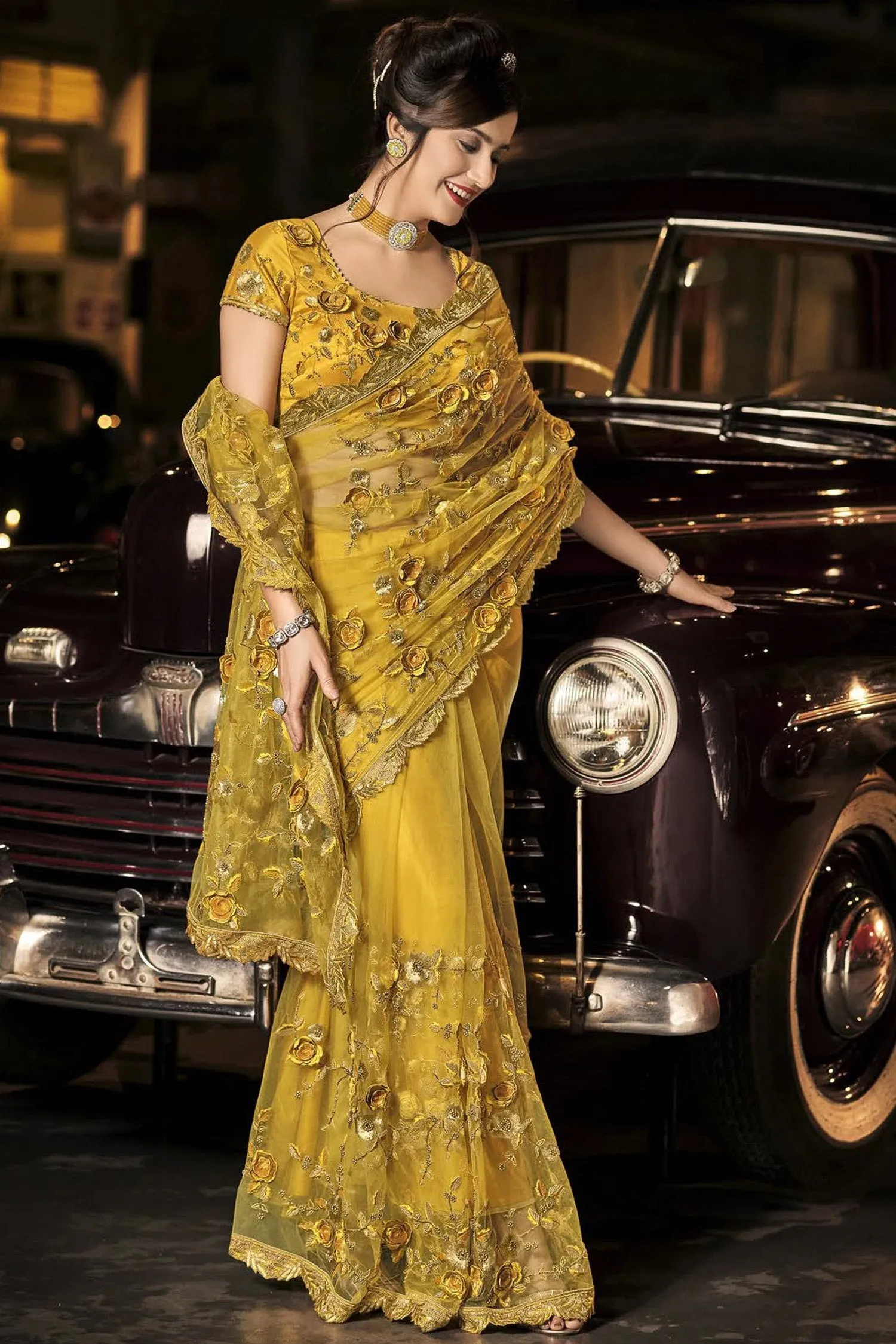Fancy Mustard Yellow Net Designer Saree
