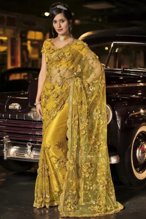 Fancy Mustard Yellow Net Designer Saree