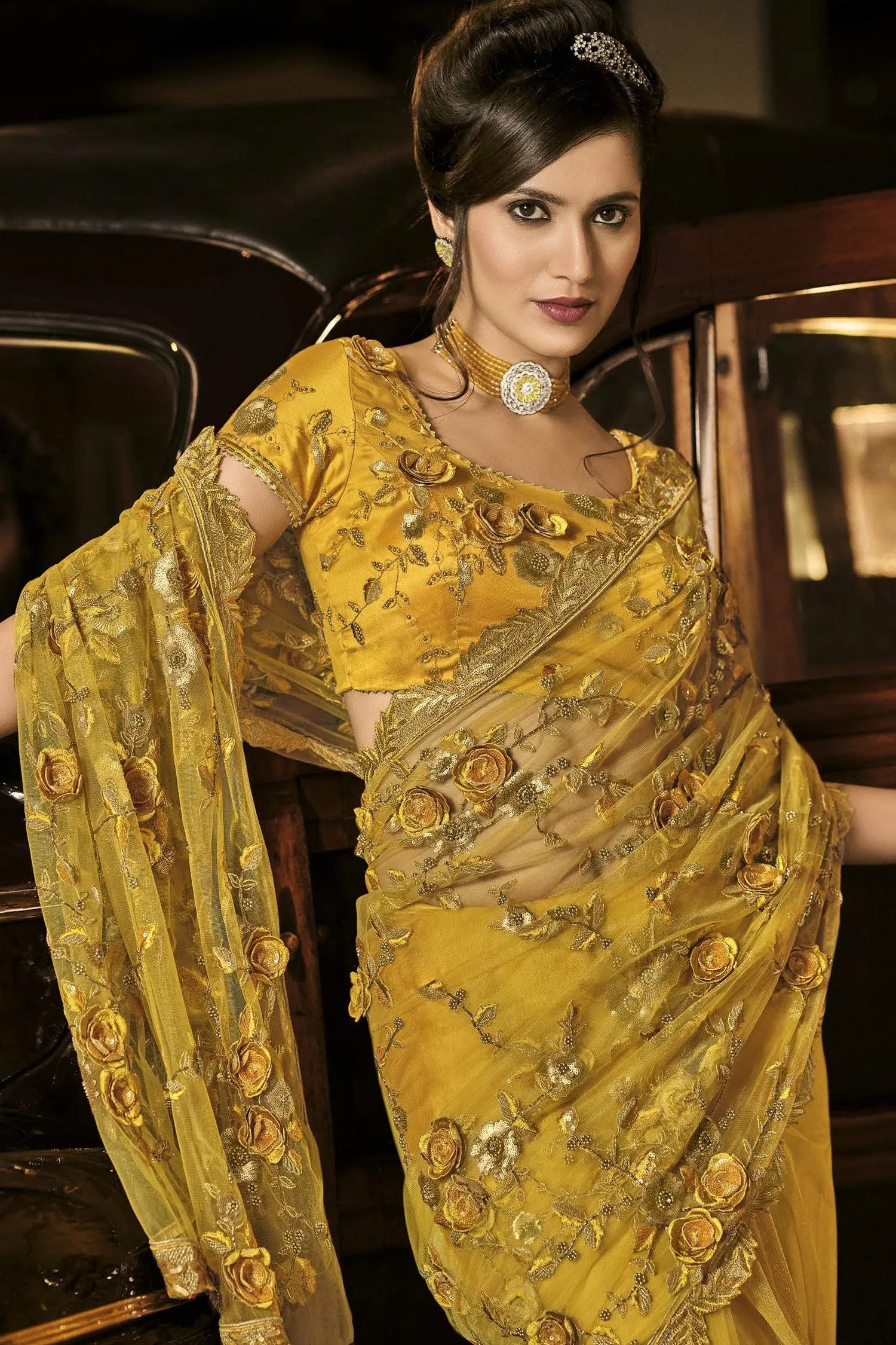 Fancy Mustard Yellow Net Designer Saree