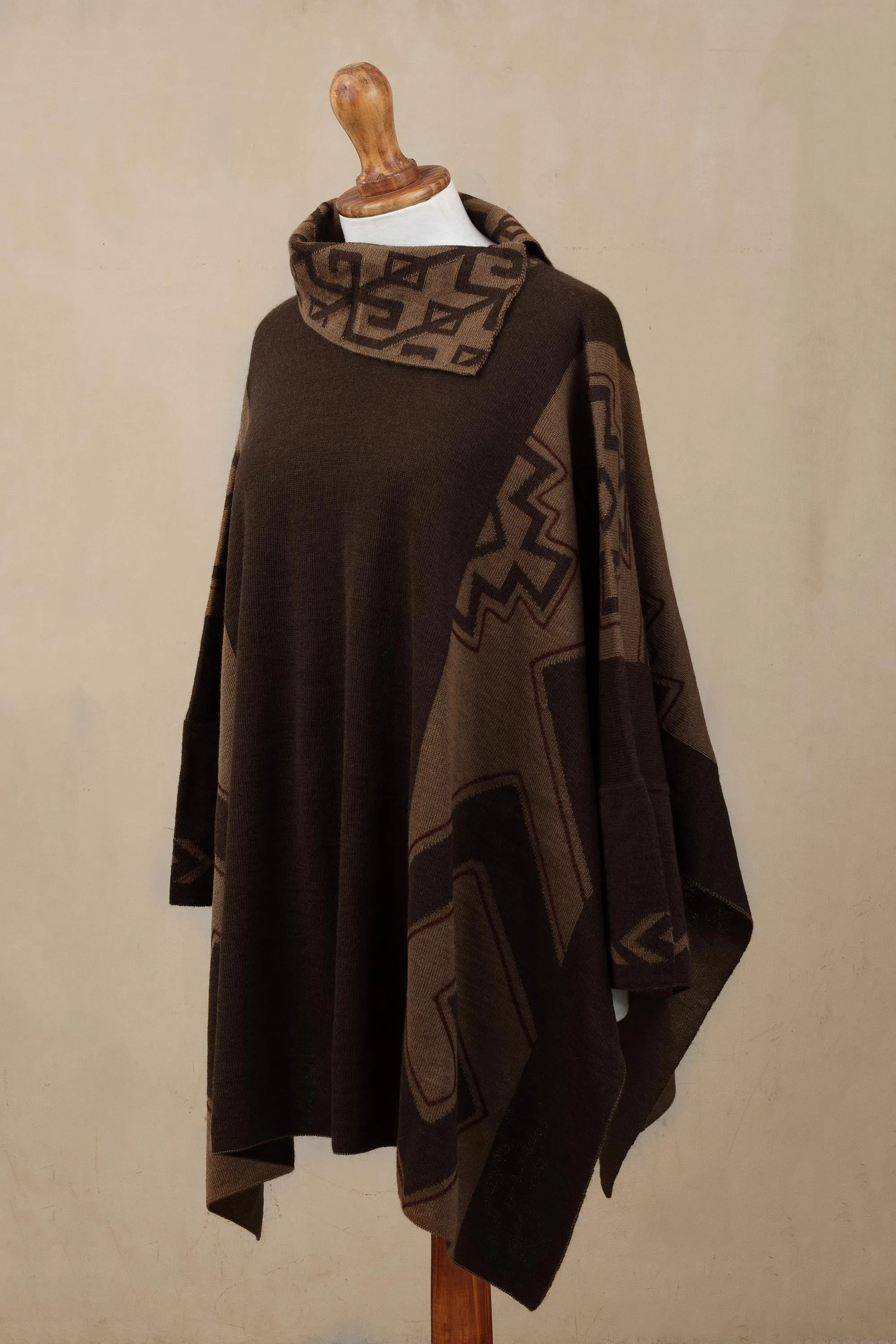 Mahogany and Burnt Sienna Alpaca Blend Poncho from Peru - Inca Style | NOVICA