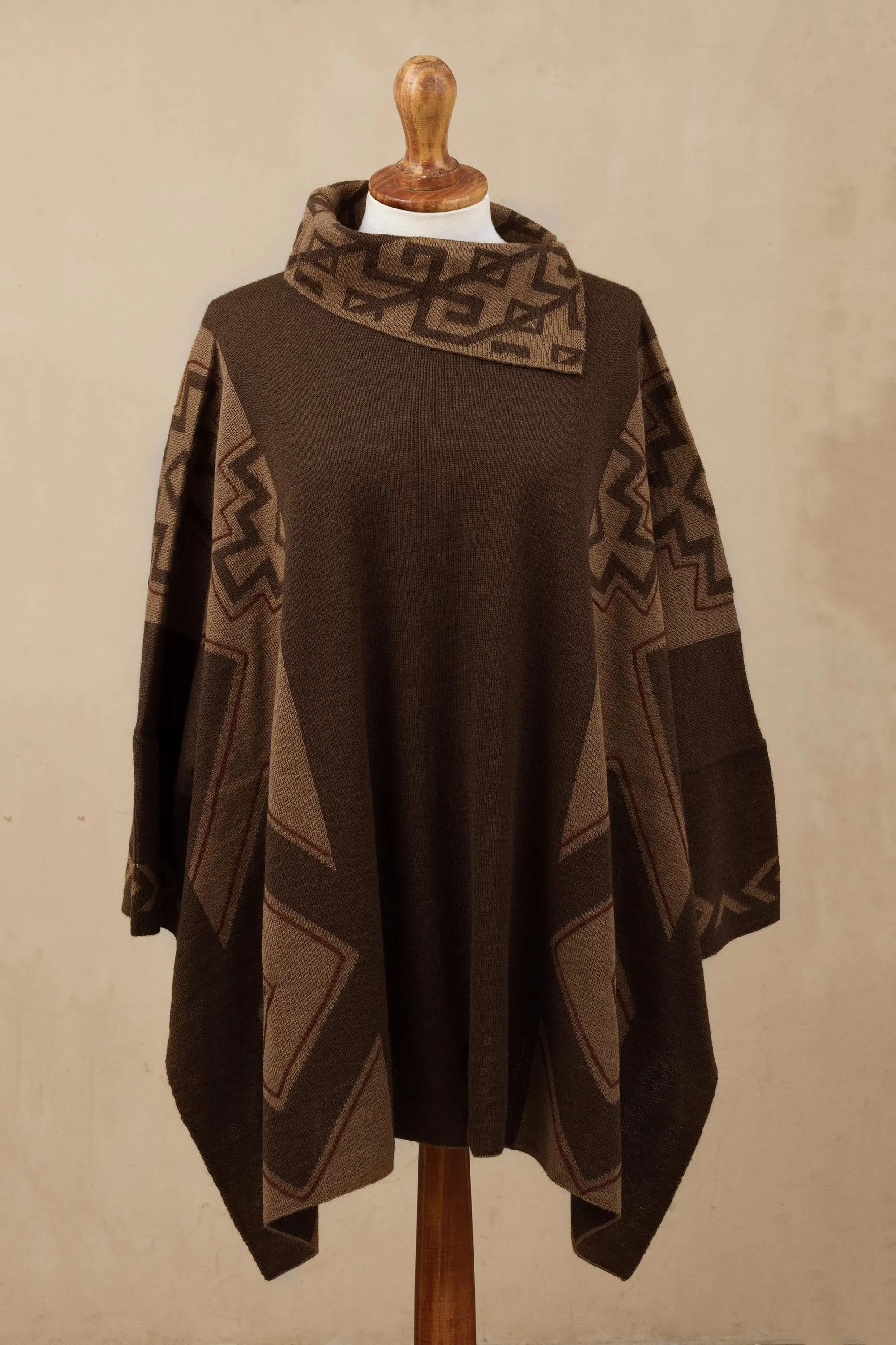 Mahogany and Burnt Sienna Alpaca Blend Poncho from Peru - Inca Style | NOVICA