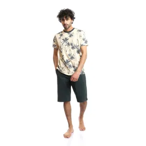 Men Printed Palm Trees Beige Tee & Forest Green Shorts Pajama Set