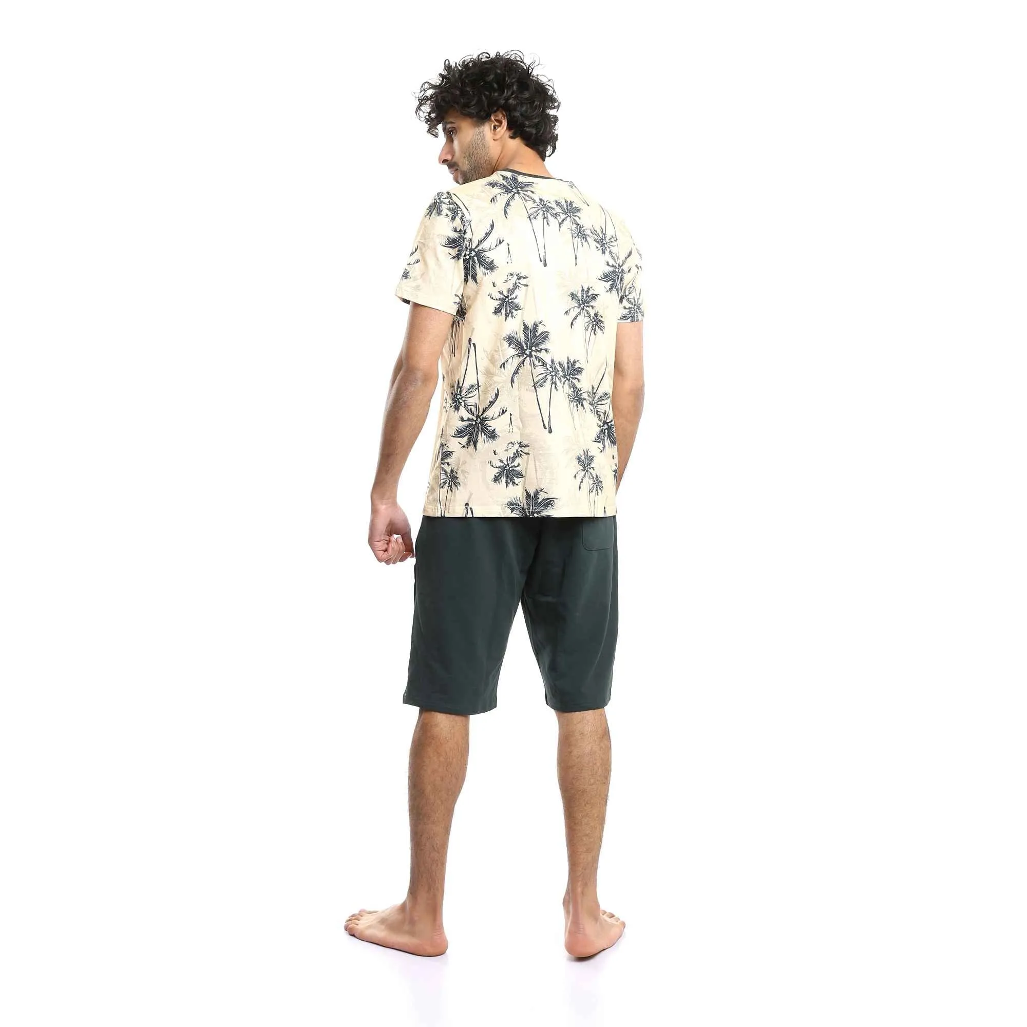 Men Printed Palm Trees Beige Tee & Forest Green Shorts Pajama Set