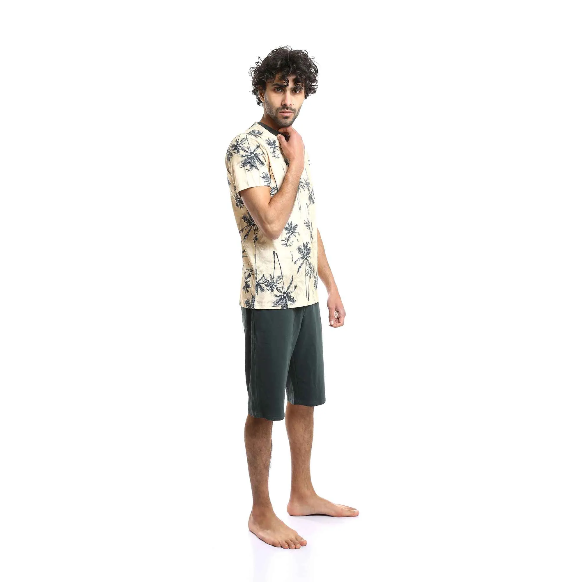Men Printed Palm Trees Beige Tee & Forest Green Shorts Pajama Set