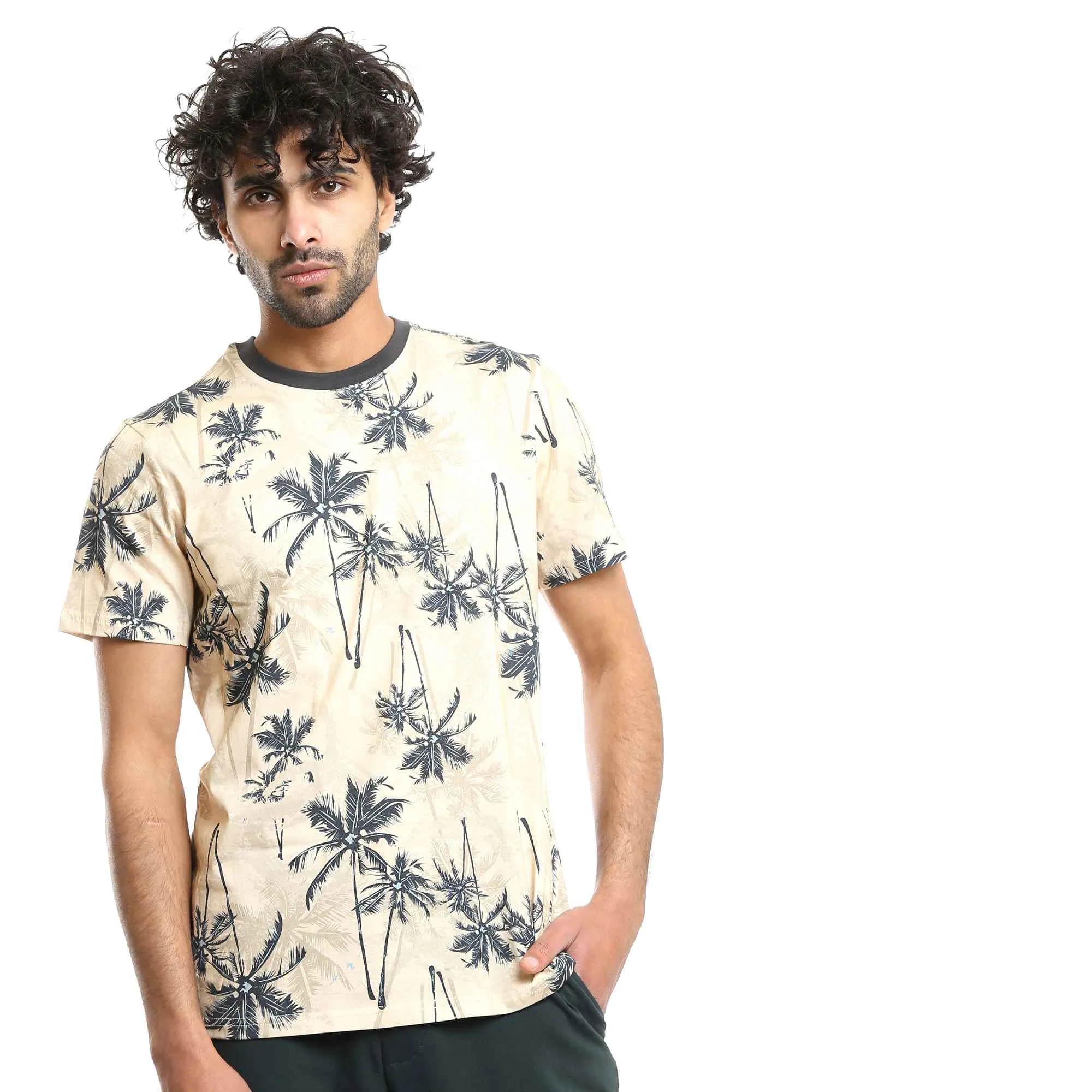 Men Printed Palm Trees Beige Tee & Forest Green Shorts Pajama Set