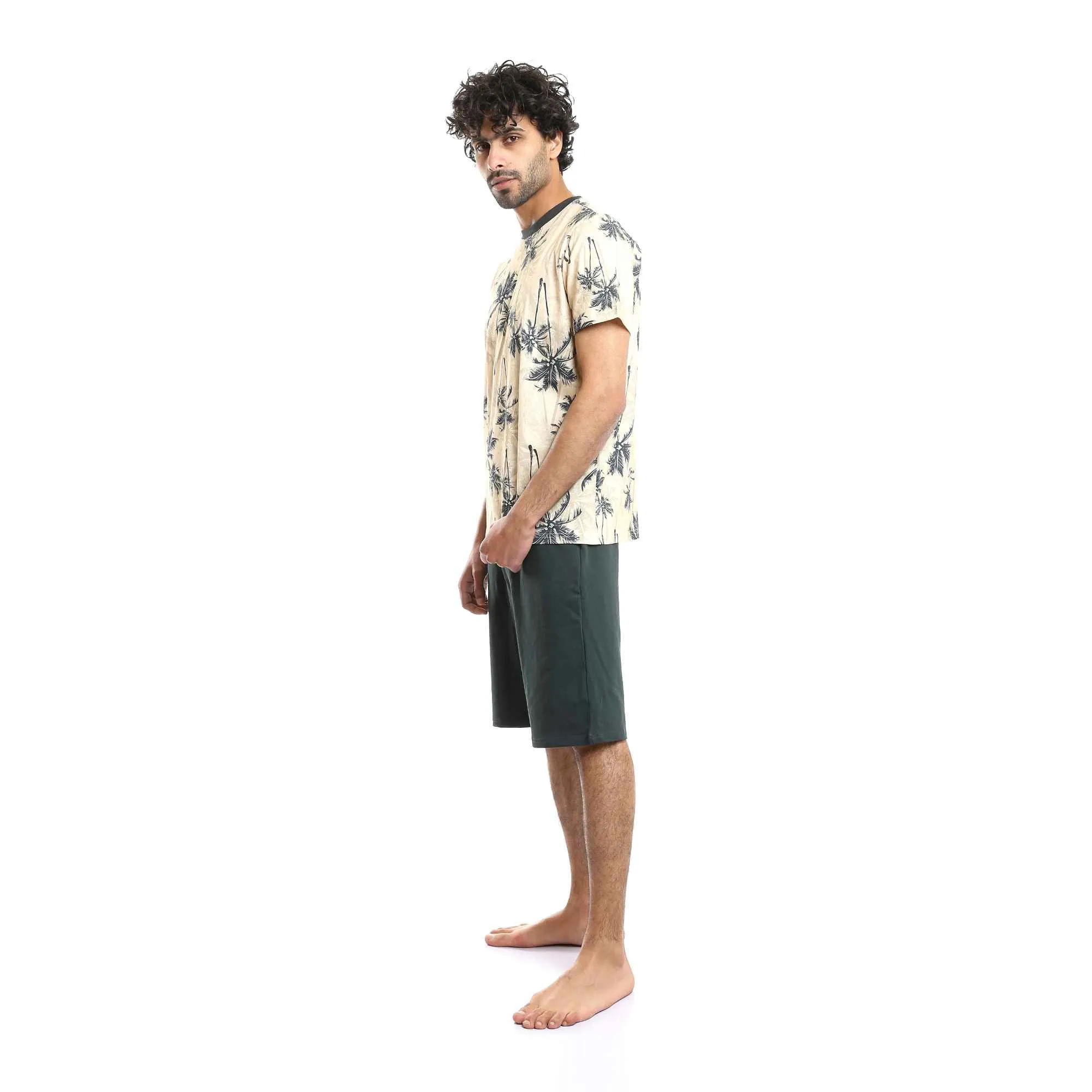 Men Printed Palm Trees Beige Tee & Forest Green Shorts Pajama Set