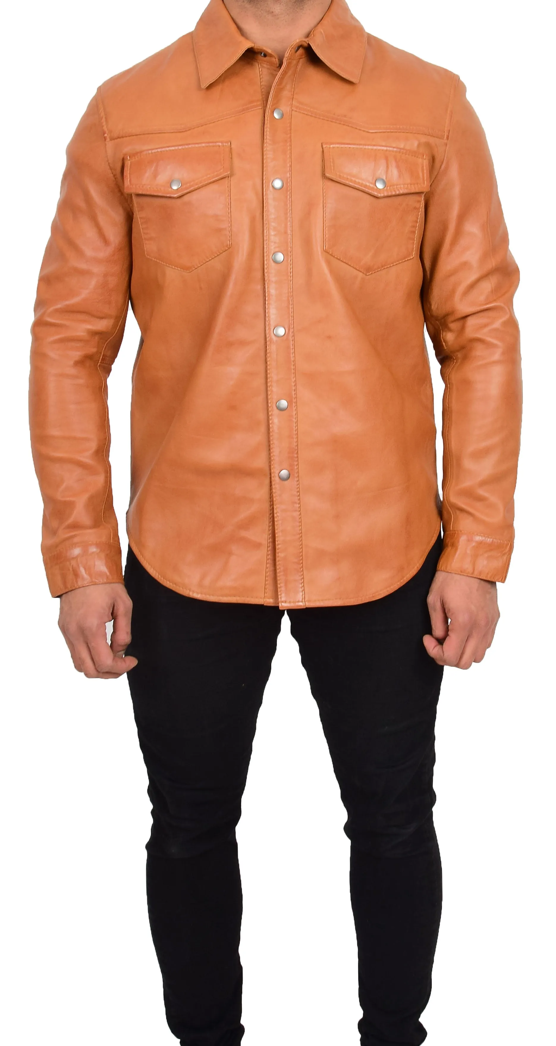 Mens Real Leather Western Shirt Cognac Authentic American Fashion Trucker Jacket Brett