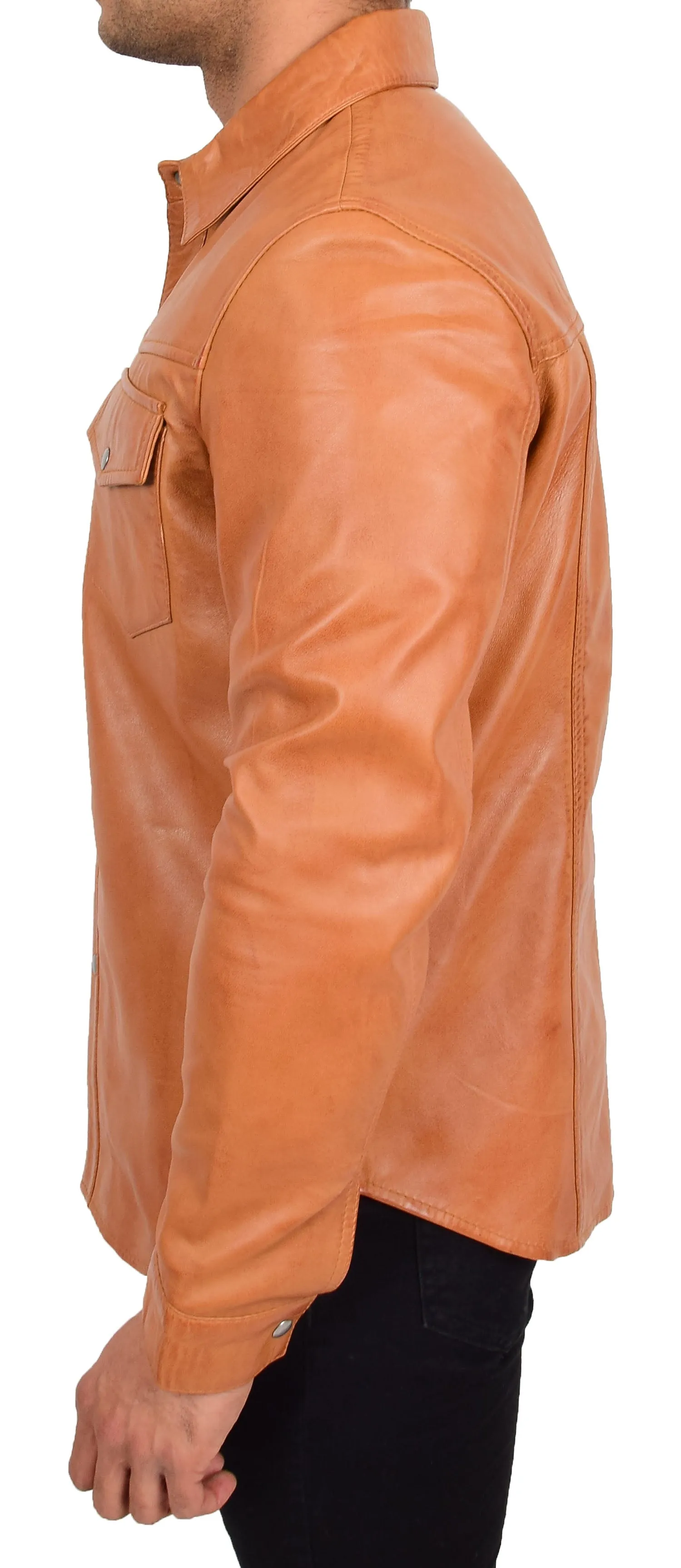 Mens Real Leather Western Shirt Cognac Authentic American Fashion Trucker Jacket Brett