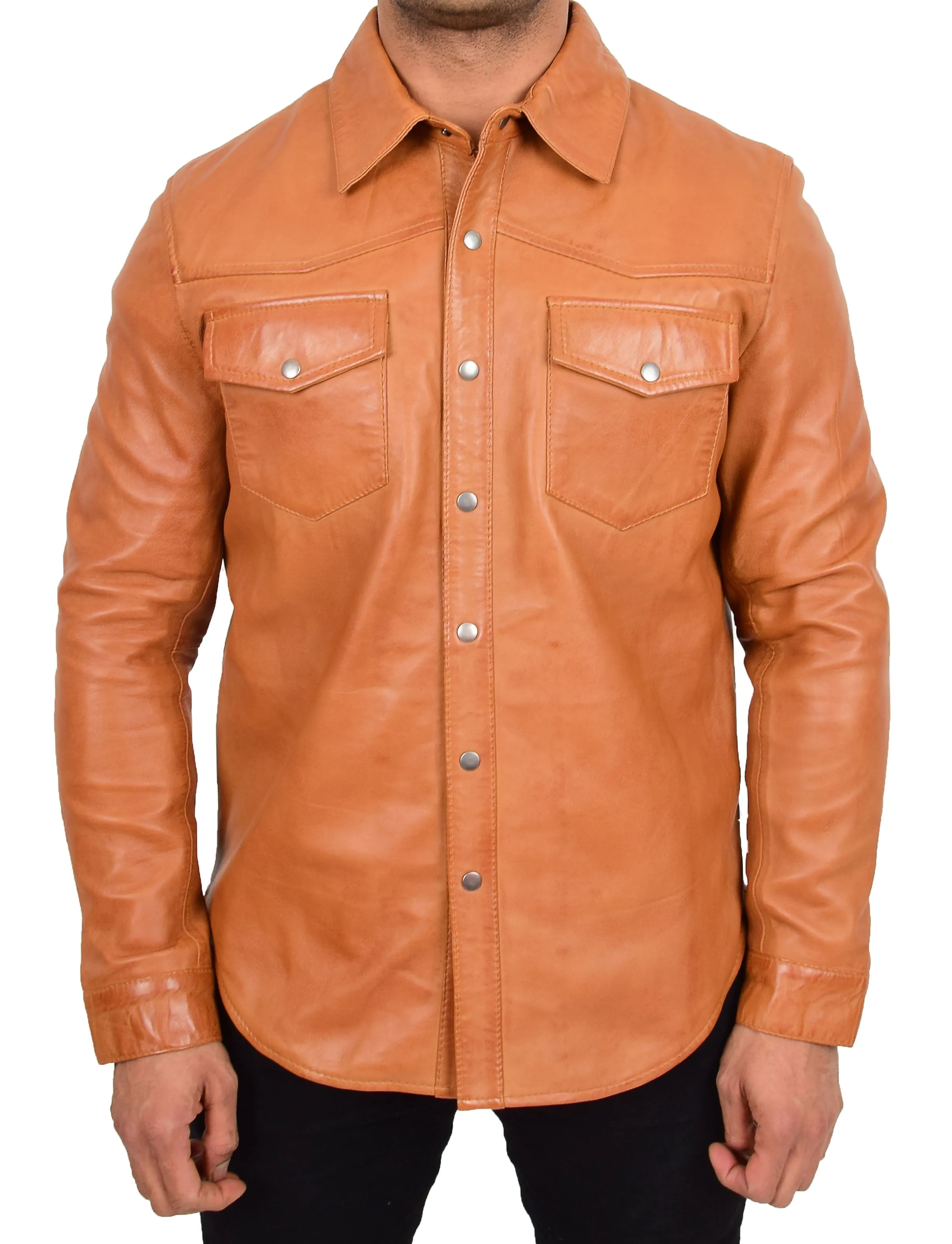 Mens Real Leather Western Shirt Cognac Authentic American Fashion Trucker Jacket Brett