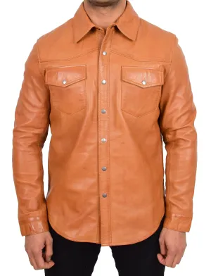 Mens Real Leather Western Shirt Cognac Authentic American Fashion Trucker Jacket Brett