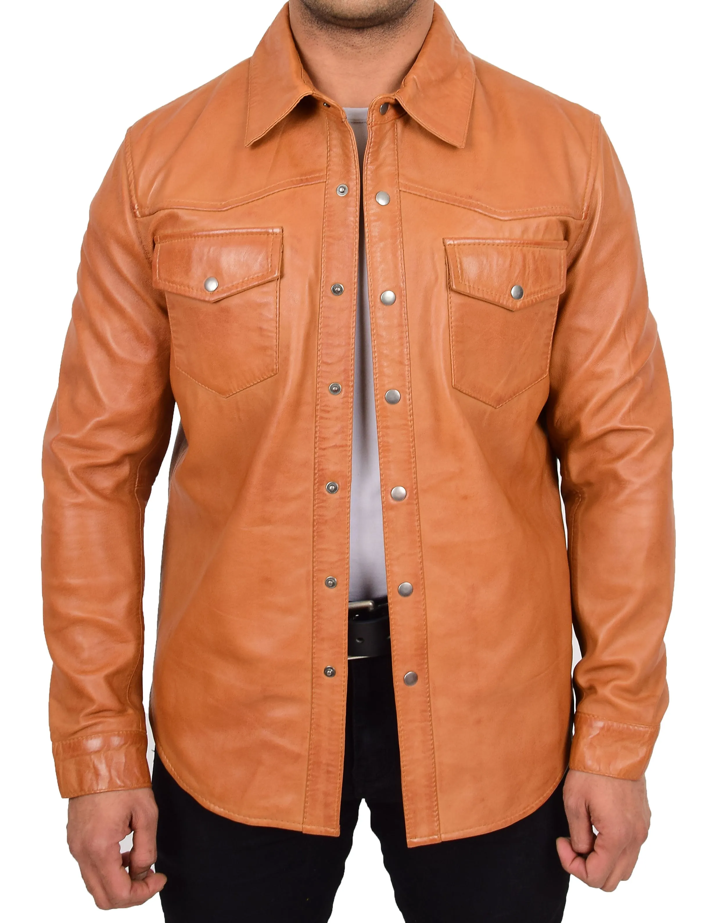 Mens Real Leather Western Shirt Cognac Authentic American Fashion Trucker Jacket Brett