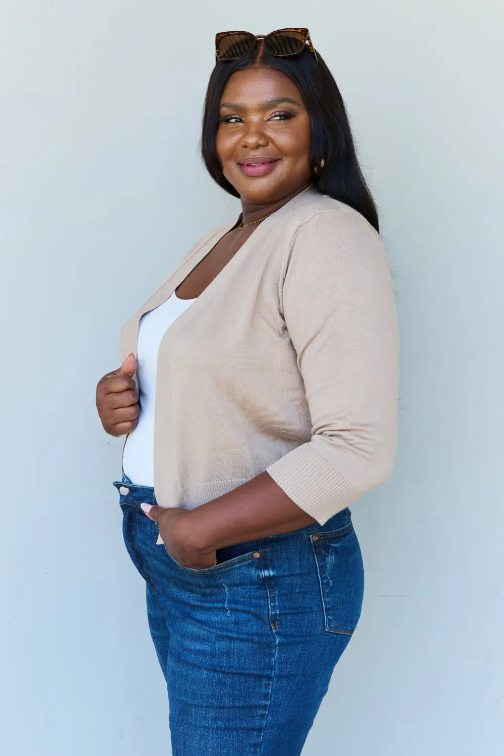 Ninexis My Favorite Full Size 3/4 Sleeve Cropped Cardigan in Khaki