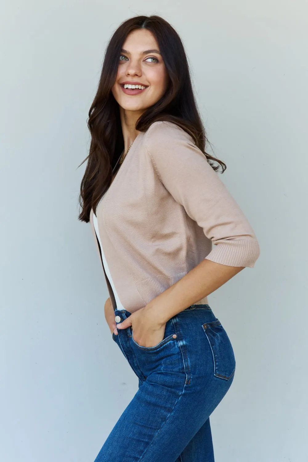 Ninexis My Favorite Full Size 3/4 Sleeve Cropped Cardigan in Khaki