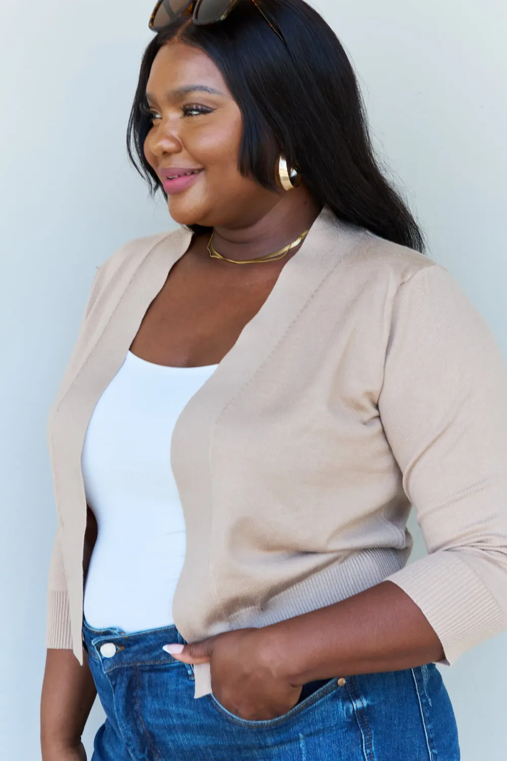 Ninexis My Favorite Full Size 3/4 Sleeve Cropped Cardigan in Khaki