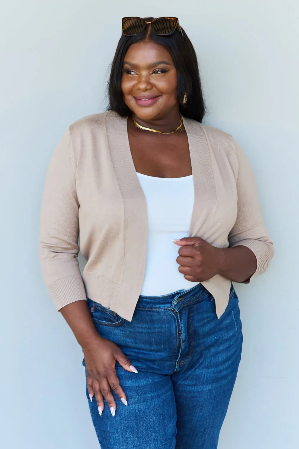 Ninexis My Favorite Full Size 3/4 Sleeve Cropped Cardigan in Khaki