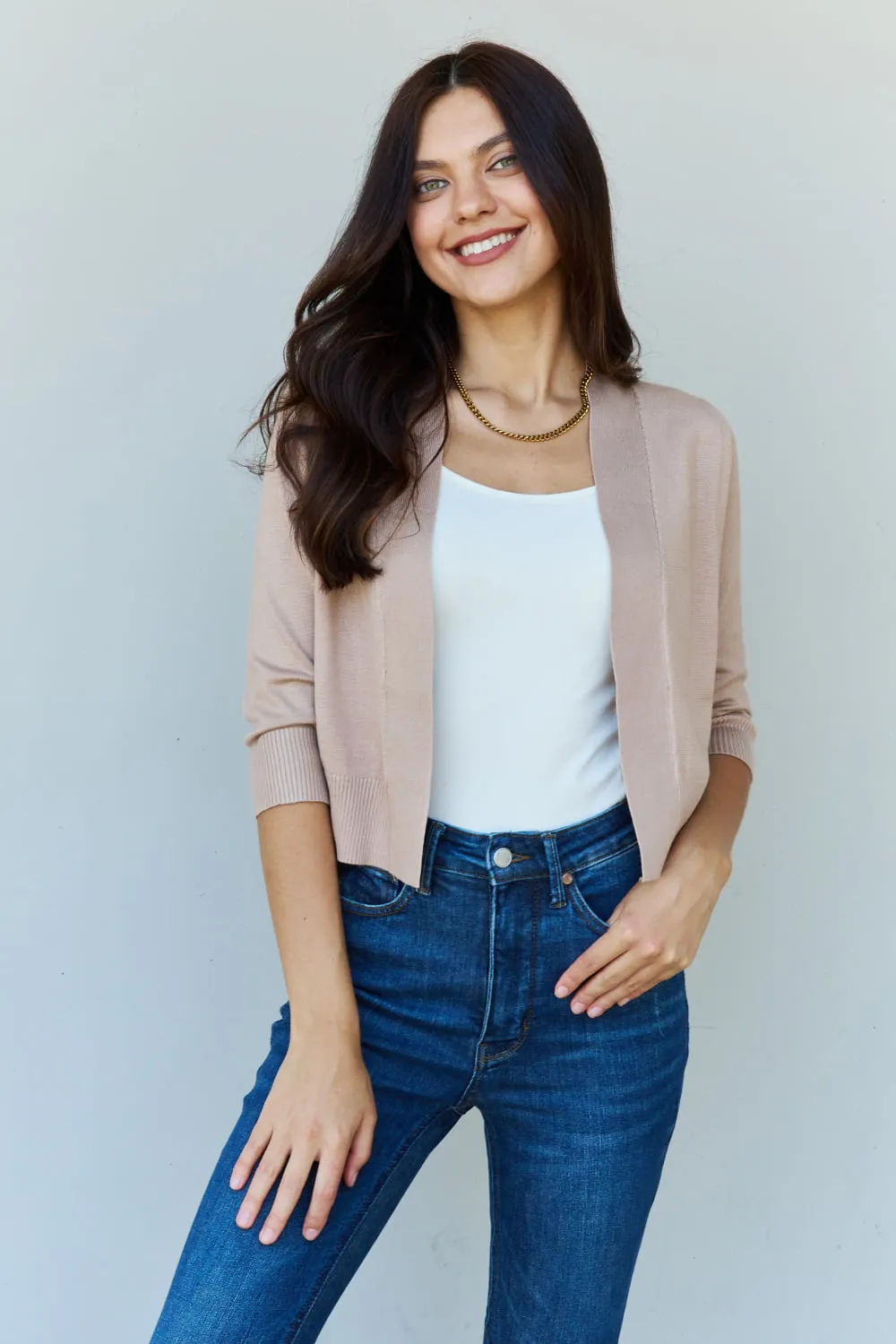 Ninexis My Favorite Full Size 3/4 Sleeve Cropped Cardigan in Khaki
