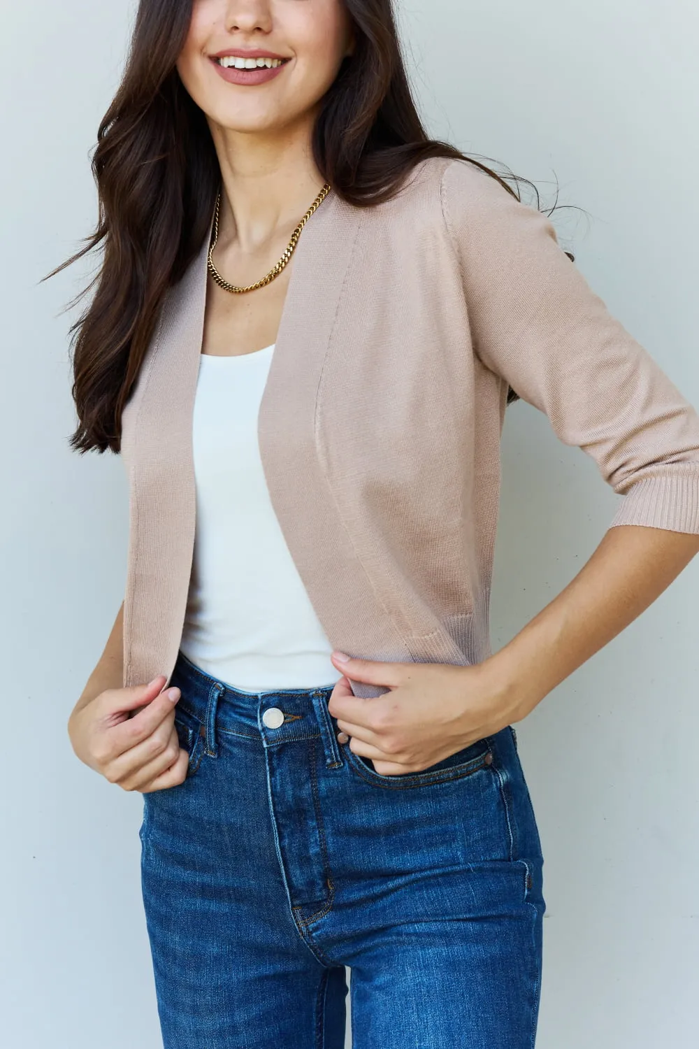Ninexis My Favorite Full Size 3/4 Sleeve Cropped Cardigan in Khaki