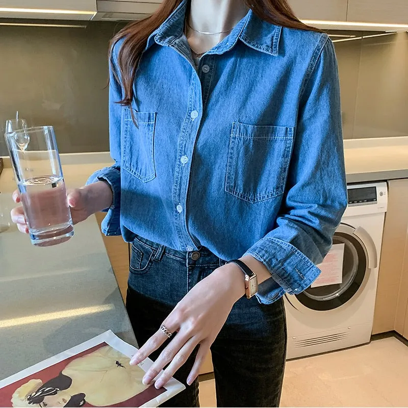 Nsquared Cardigan Casual Solid Loose Ladies Clothing | Blue Long Sleeve Shirts | Autumn Denim Women's Blouse