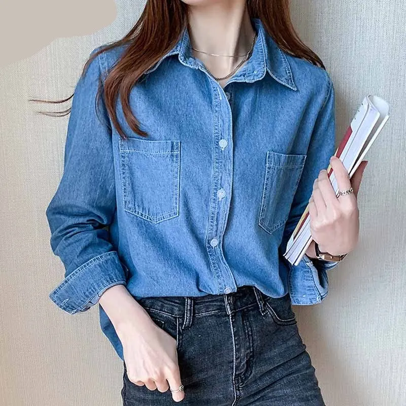 Nsquared Cardigan Casual Solid Loose Ladies Clothing | Blue Long Sleeve Shirts | Autumn Denim Women's Blouse