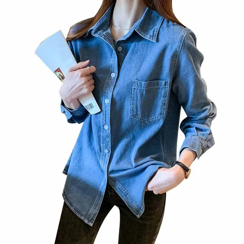 Nsquared Cardigan Casual Solid Loose Ladies Clothing | Blue Long Sleeve Shirts | Autumn Denim Women's Blouse