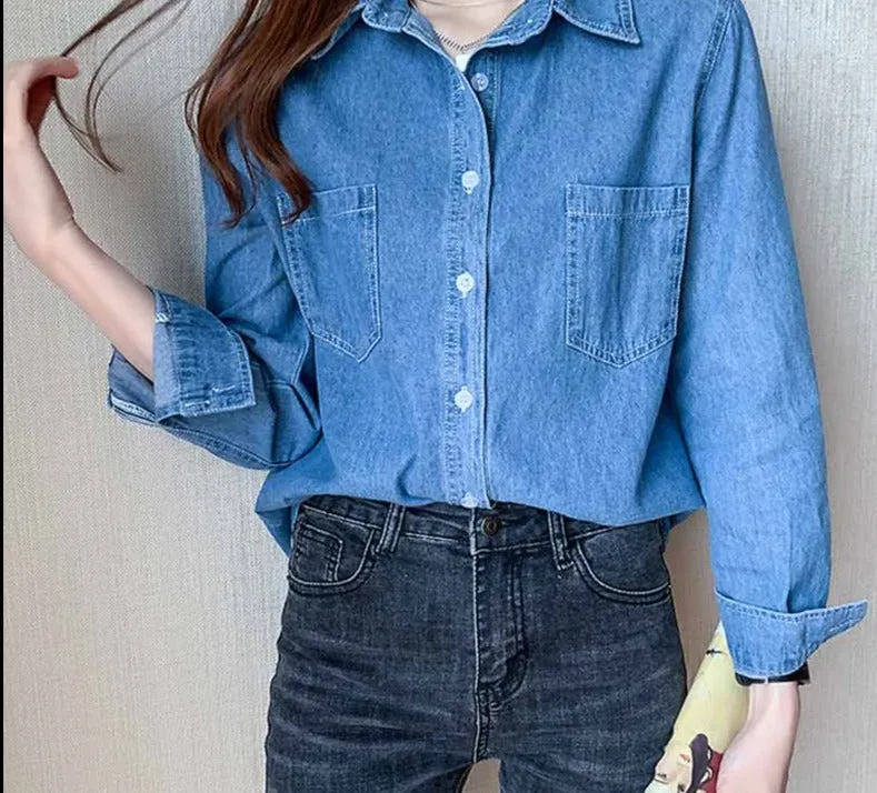 Nsquared Cardigan Casual Solid Loose Ladies Clothing | Blue Long Sleeve Shirts | Autumn Denim Women's Blouse