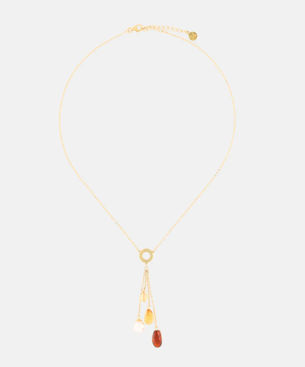 Sterling Silver Gold Plated Necklace for Women with 8mm Round White Pearl and Amber Murano Crystals, 17"/19" Necklace Length, Algaida Collection