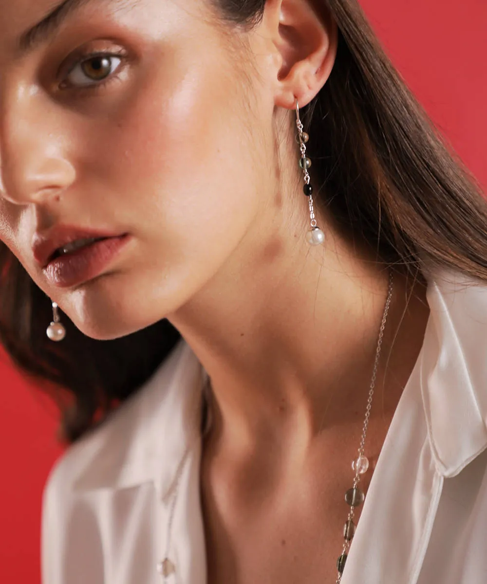 Sterling Silver Rhodium Plated Long Earrings, for Women with Fish Wire Clasp and Organic Pearl, 8mm Round White Pearls and Black Murano Crystals, Algaida Collection