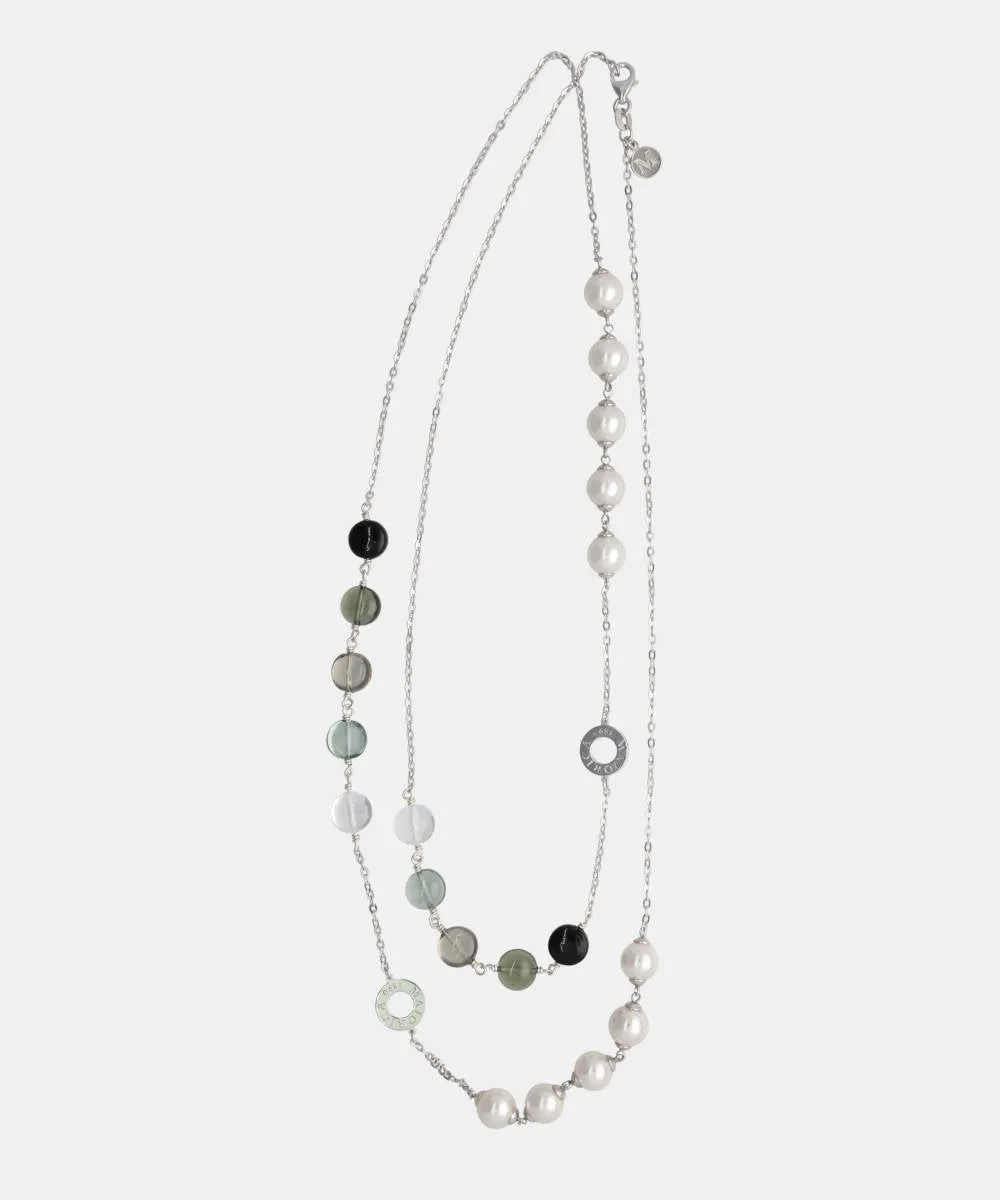 Sterling Silver Rhodium Plated Necklace for Women with 8mm Round White Pearls and Black Murano Crystals, 35" Necklace Length, Algaida Collection