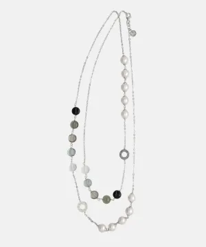 Sterling Silver Rhodium Plated Necklace for Women with 8mm Round White Pearls and Black Murano Crystals, 35" Necklace Length, Algaida Collection