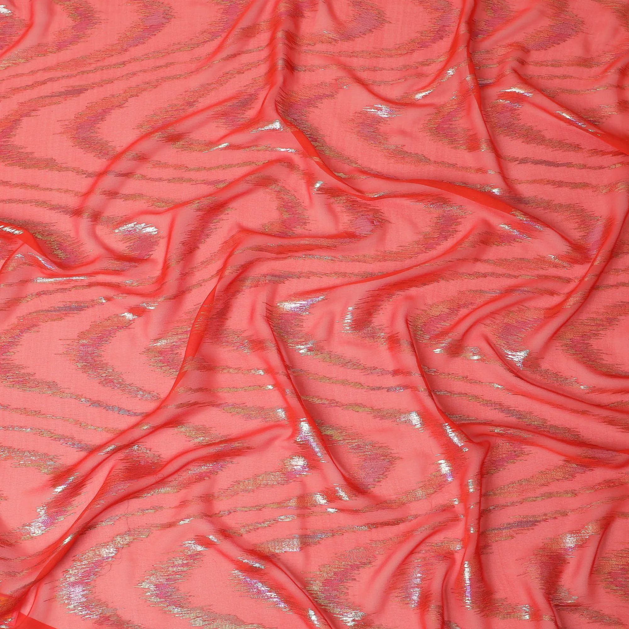 Vibrant Coral Tiger Stripe Silk Chiffon Garbasaar Fabric, 110 cm Wide – Exotic & Lustrous Textile for Fashion Crafting-Piece of 2.0 Mtrs-D18654