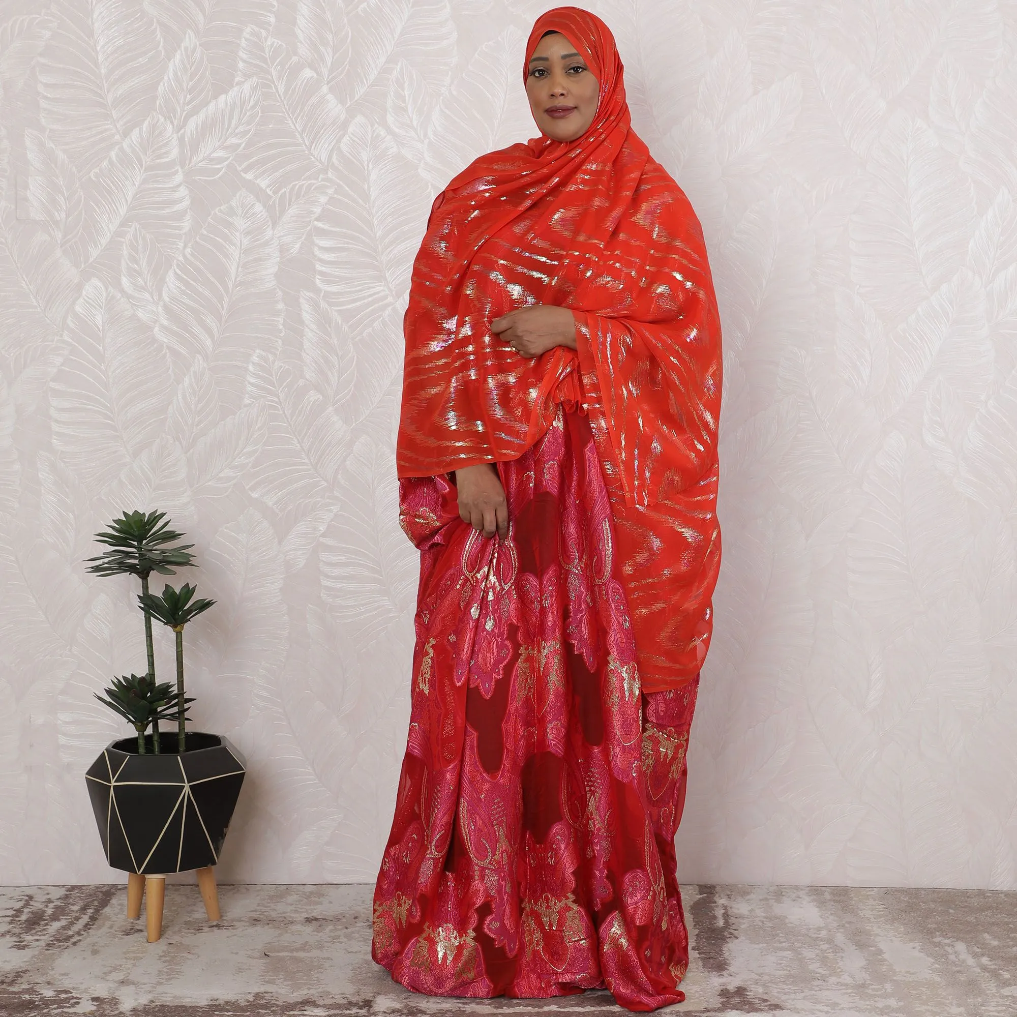 Vibrant Coral Tiger Stripe Silk Chiffon Garbasaar Fabric, 110 cm Wide – Exotic & Lustrous Textile for Fashion Crafting-Piece of 2.0 Mtrs-D18654