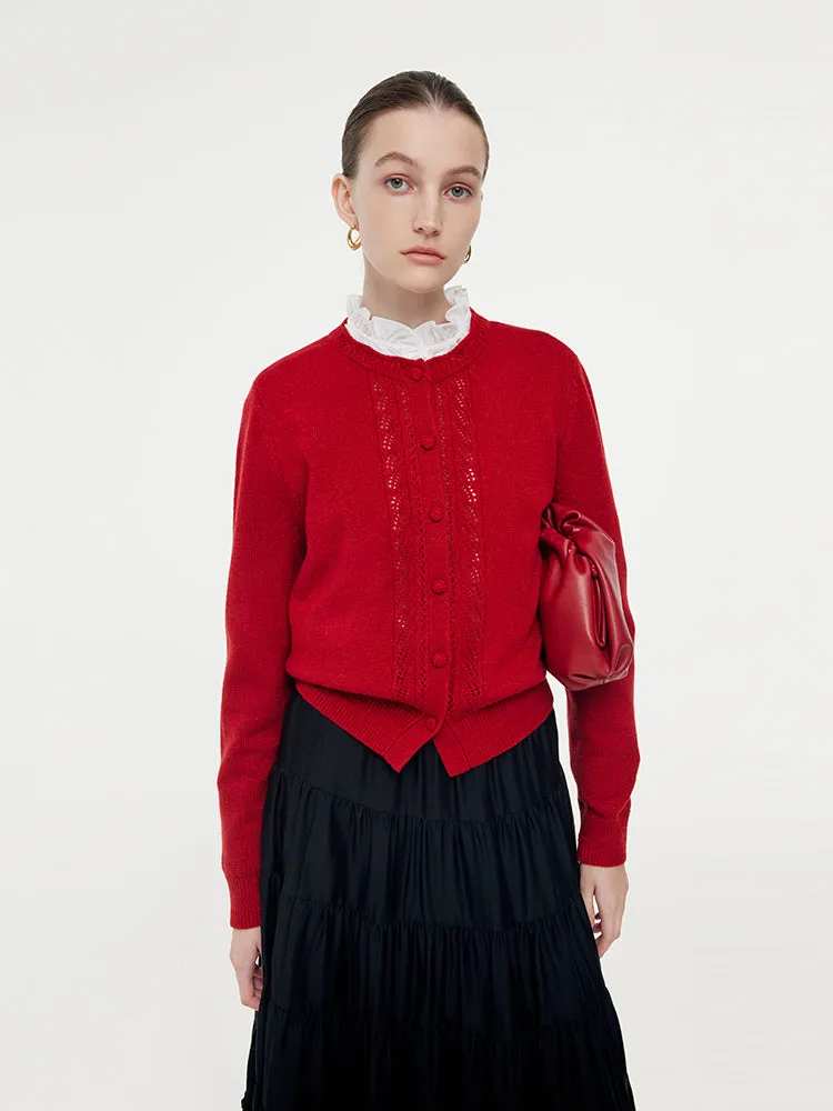 Wool Round Neck Openwork Women Knit Cardigan