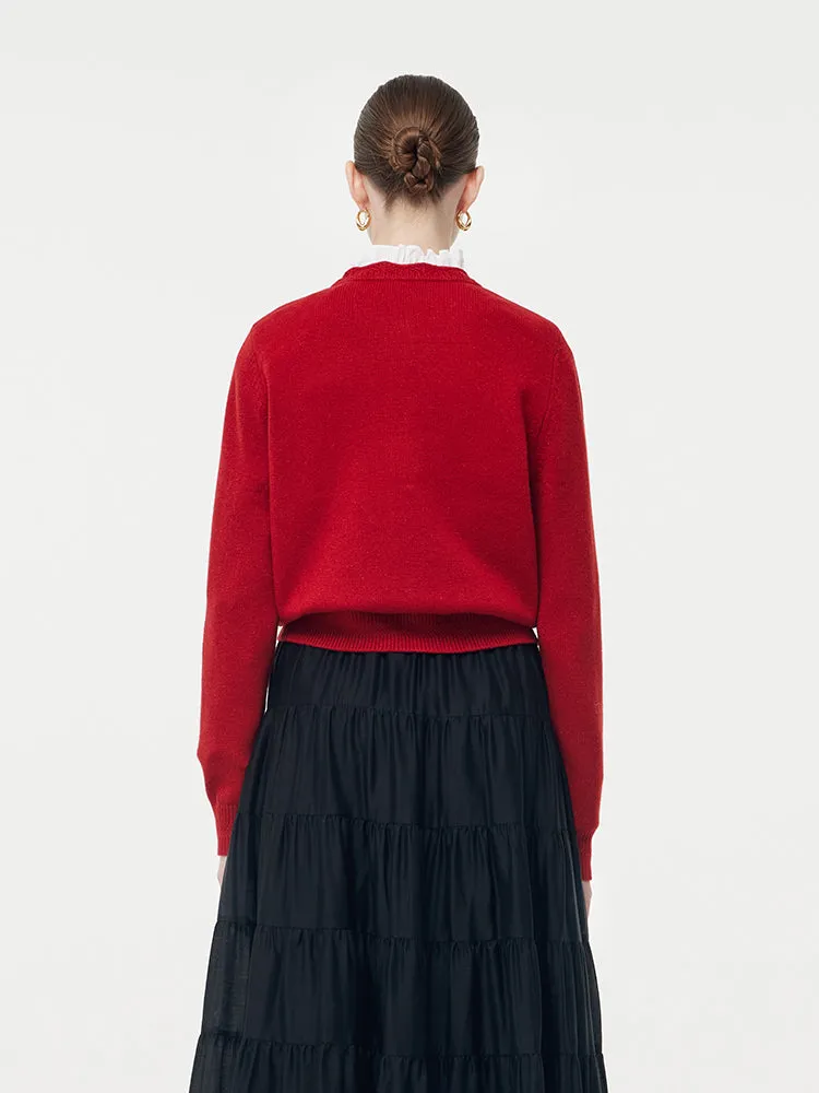 Wool Round Neck Openwork Women Knit Cardigan