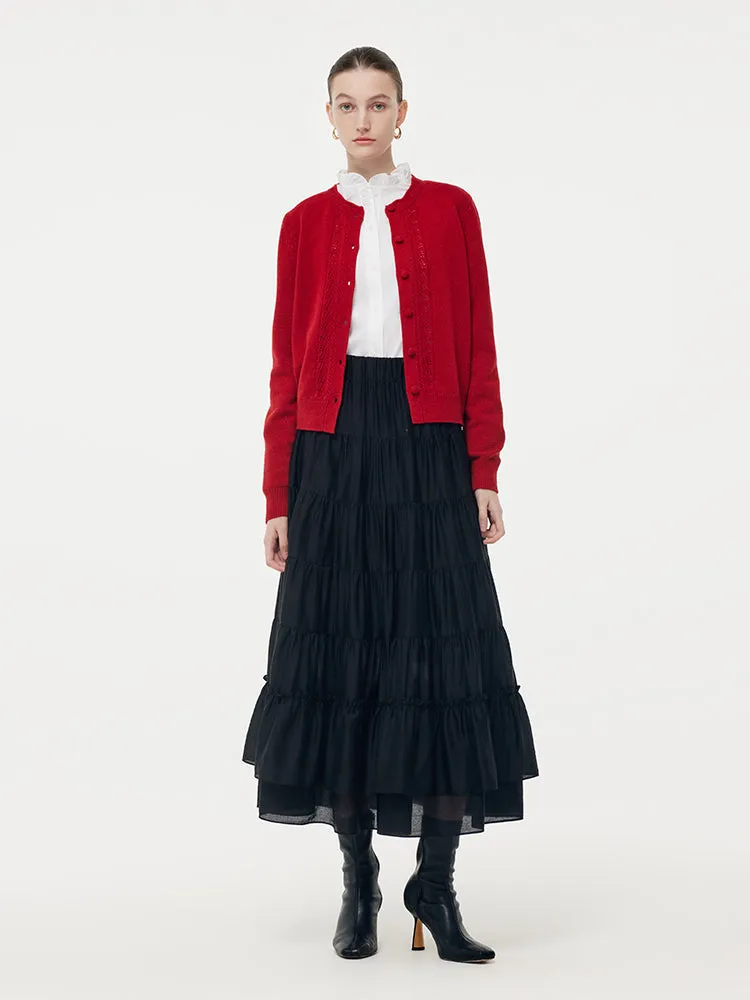 Wool Round Neck Openwork Women Knit Cardigan