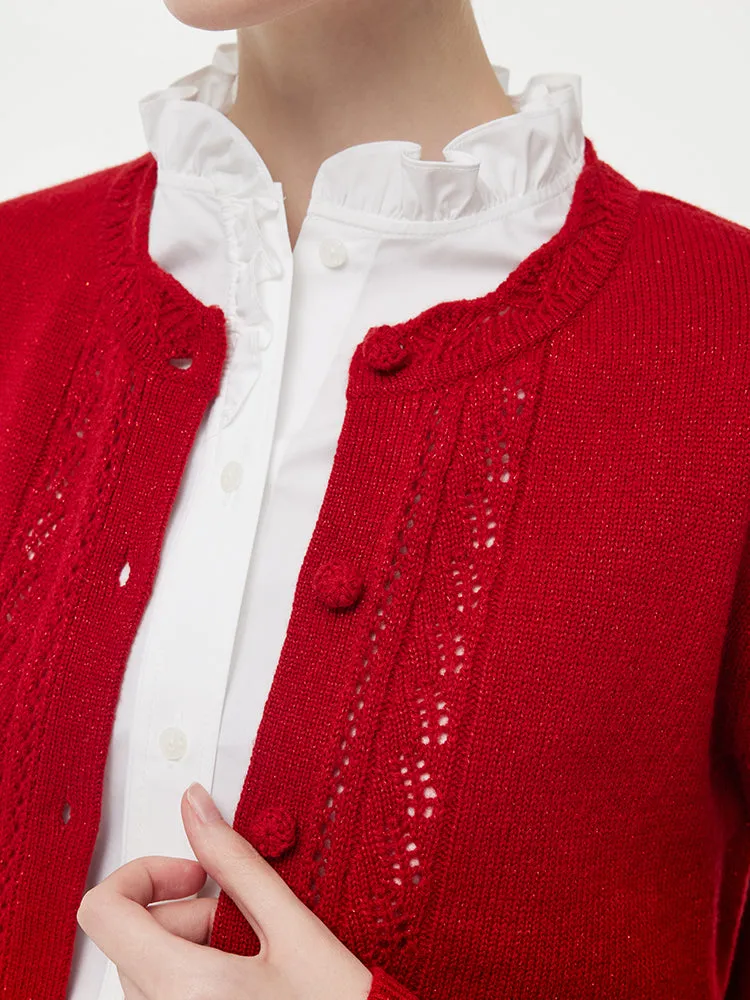 Wool Round Neck Openwork Women Knit Cardigan